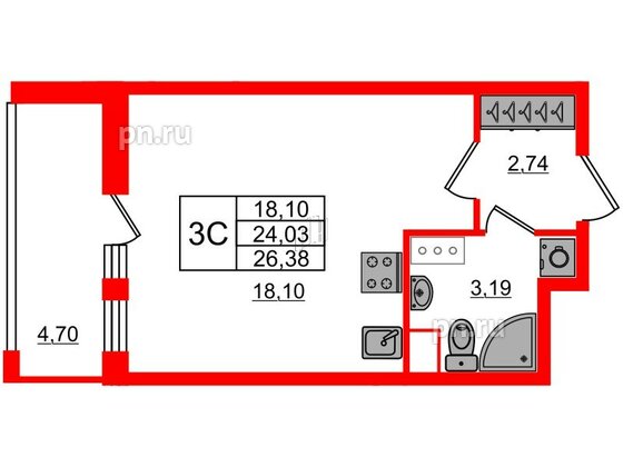 Квартира в ЖК «Город звёзд», студия, 24.03 м², 17 этаж