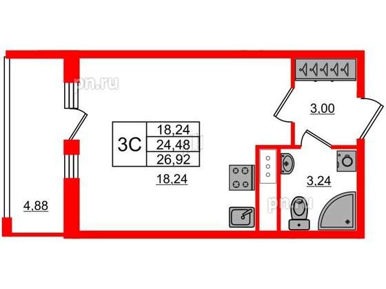 Квартира в ЖК «Город звёзд», студия, 24.48 м², 9 этаж