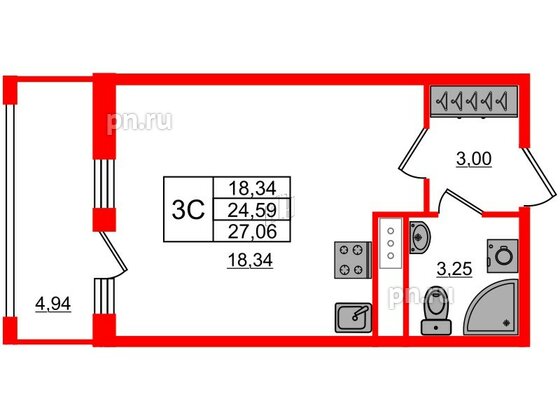 Квартира в ЖК «Город звёзд», студия, 24.59 м², 14 этаж