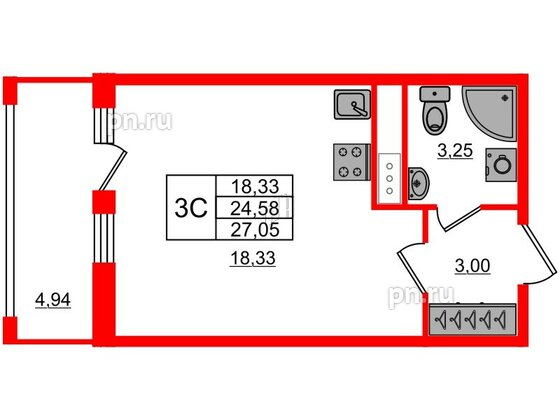 Квартира в ЖК «Город звёзд», студия, 24.58 м², 13 этаж