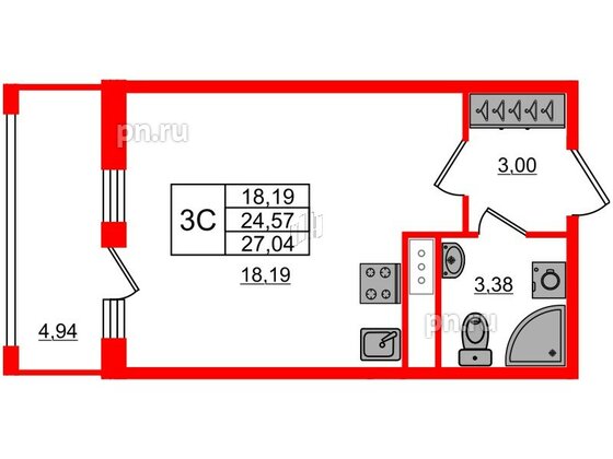 Квартира в ЖК «Город звёзд», студия, 24.57 м², 9 этаж