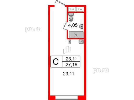 Апартаменты в ЖК Ladozhsky Avenir, студия, 27.16 м², 3 этаж