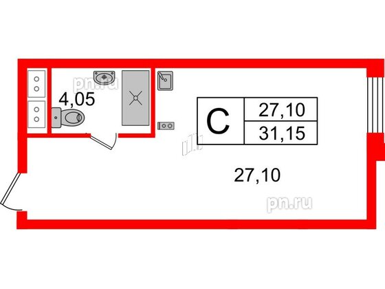 Апартаменты в ЖК Ladozhsky Avenir, студия, 31.15 м², 3 этаж