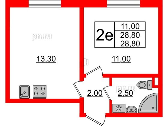 Квартира в ЖК Ржевский парк, 1 комнатная, 28.8 м², 1 этаж