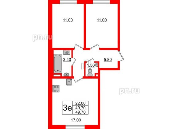 Квартира в ЖК Ржевский парк, 2 комнатная, 49.7 м², 1 этаж