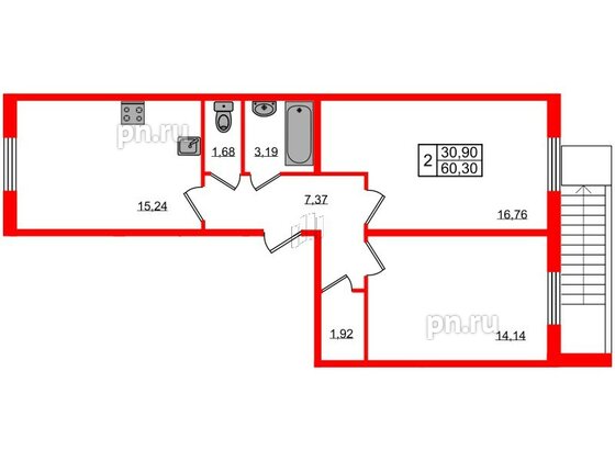 Квартира в ЖК Granholm Village, 2 комнатная, 60.6 м², 1 этаж