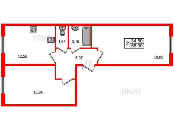 Квартира в ЖК Granholm Village, 2 комнатная, 59.5 м², 1 этаж