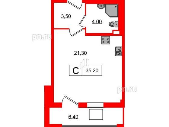 Апартаменты в ЖК ODOEVSKIJ Apart, студия, 35.2 м², 2 этаж