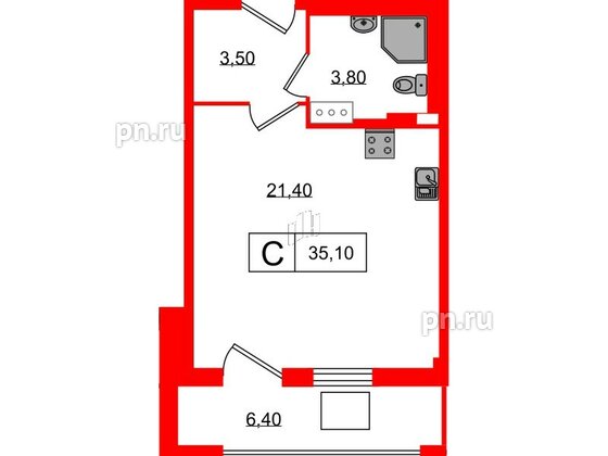 Апартаменты в ЖК ODOEVSKIJ Apart, студия, 35.1 м², 3 этаж