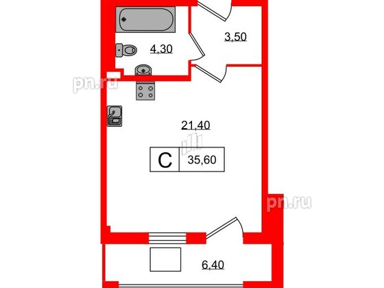 Апартаменты в ЖК ODOEVSKIJ Apart, студия, 35.6 м², 2 этаж