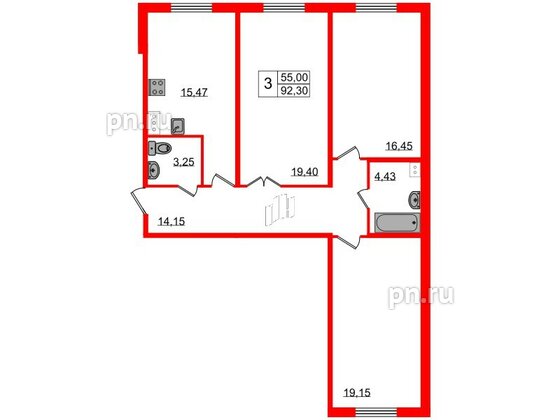 Квартира в ЖК Granholm Village, 3 комнатная, 92.6 м², 1 этаж