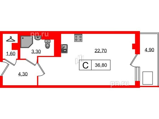 Апартаменты в ЖК ODOEVSKIJ Apart, студия, 36.8 м², 2 этаж