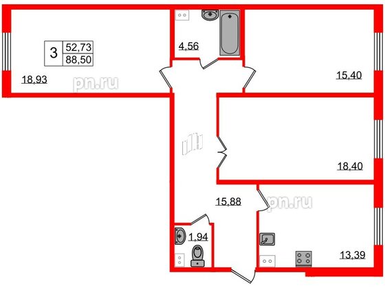 Квартира в ЖК Granholm Village, 3 комнатная, 88.9 м², 1 этаж