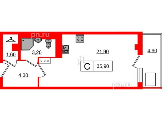 Апартаменты в ЖК ODOEVSKIJ Apart, студия, 35.9 м², 3 этаж