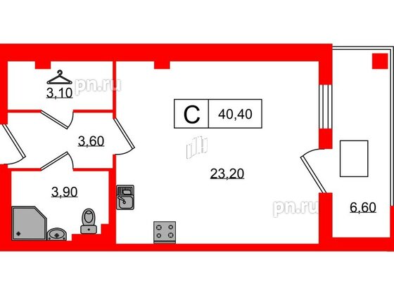 Апартаменты в ЖК ODOEVSKIJ Apart, студия, 40.4 м², 2 этаж