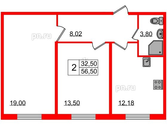 Квартира в ЖК Granholm Village, 2 комнатная, 56.5 м², 1 этаж