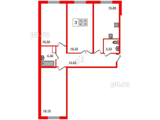 Квартира в ЖК Granholm Village, 3 комнатная, 91.9 м², 1 этаж