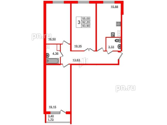 Квартира в ЖК Granholm Village, 3 комнатная, 93.2 м², 2 этаж