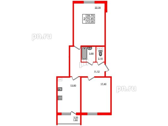 Квартира в ЖК Granholm Village, 2 комнатная, 72.2 м², 4 этаж