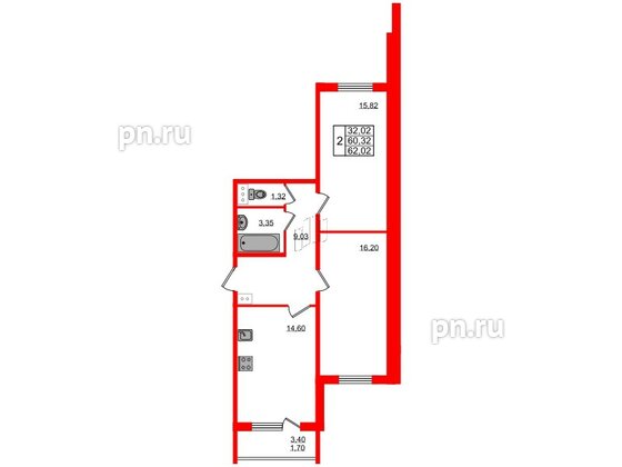 Квартира в ЖК Granholm Village, 2 комнатная, 62.02 м², 2 этаж