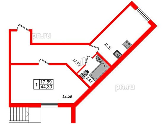 Квартира в ЖК Granholm Village, 1 комнатная, 44.4 м², 1 этаж