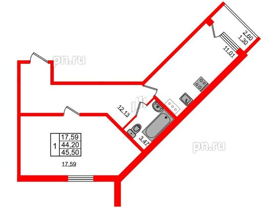 Квартира в ЖК Granholm Village, 1 комнатная, 45.4 м², 3 этаж