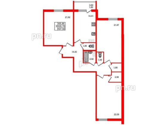 Квартира в ЖК Granholm Village, 3 комнатная, 108.6 м², 4 этаж