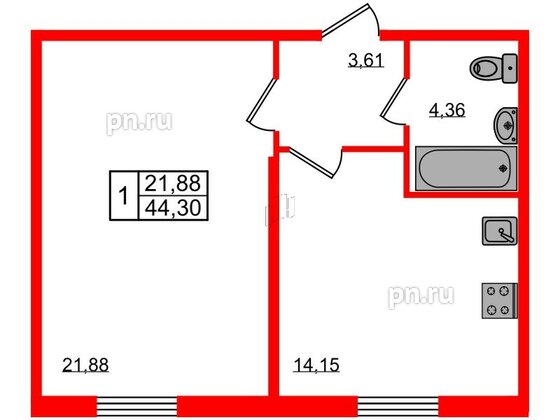 Квартира в ЖК Granholm Village, 1 комнатная, 44.4 м², 1 этаж