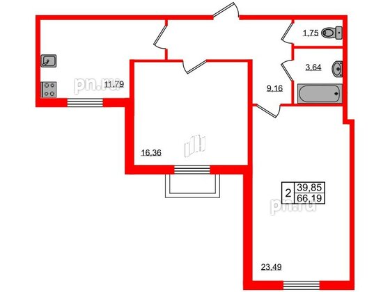 Квартира в ЖК Granholm Village, 2 комнатная, 66.7 м², 1 этаж