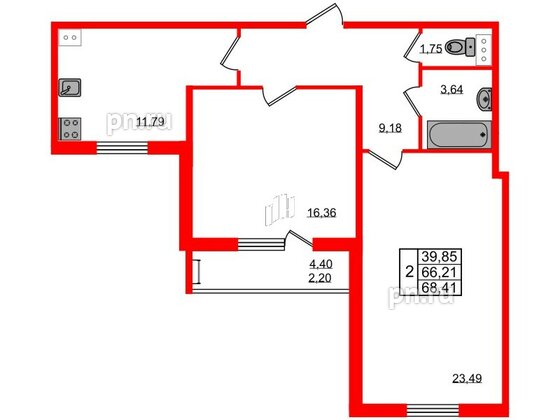 Квартира в ЖК Granholm Village, 2 комнатная, 68.9 м², 5 этаж