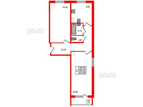 Квартира в ЖК Granholm Village, 2 комнатная, 68.1 м², 2 этаж