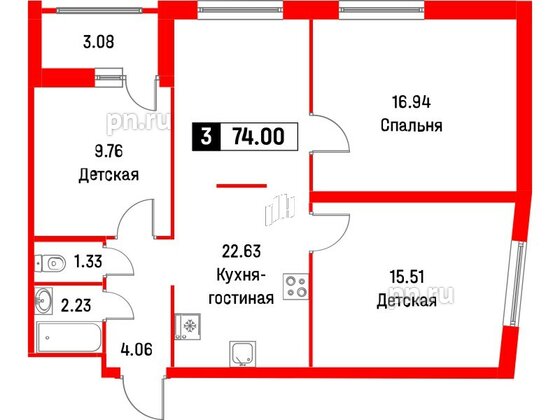 Квартира в ЖК Графика, 3 комнатная, 74 м², 2 этаж