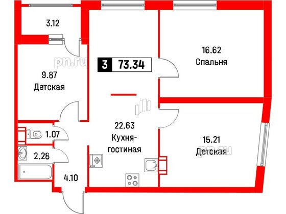 Квартира в ЖК Графика, 3 комнатная, 73.34 м², 3 этаж