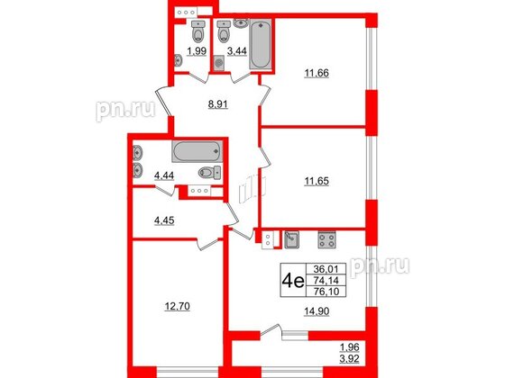 Квартира в ЖК Академик, 3 комнатная, 76.1 м², 12 этаж