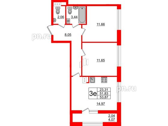 Квартира в ЖК Академик, 2 комнатная, 53.87 м², 3 этаж