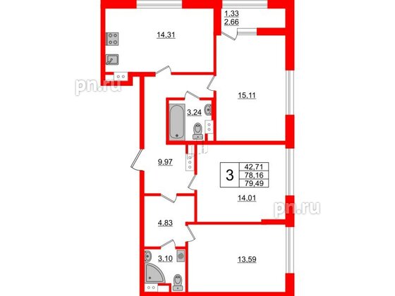 Квартира в ЖК Академик, 3 комнатная, 79.49 м², 10 этаж