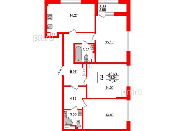 Квартира в ЖК Академик, 3 комнатная, 79.37 м², 11 этаж