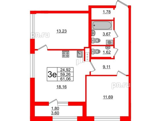 Квартира в ЖК Академик, 2 комнатная, 61.06 м², 3 этаж