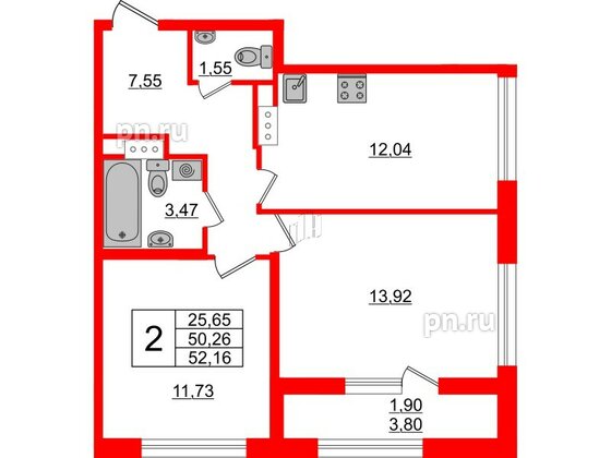 Квартира в ЖК Академик, 2 комнатная, 52.16 м², 9 этаж