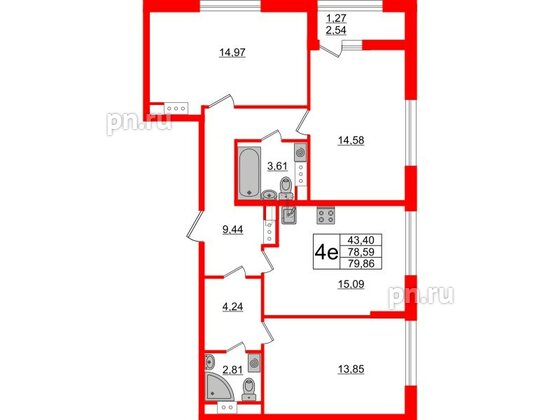 Квартира в ЖК Академик, 3 комнатная, 79.86 м², 10 этаж