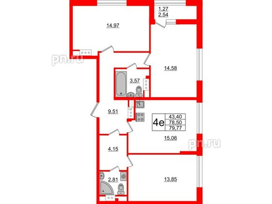 Квартира в ЖК Академик, 3 комнатная, 79.77 м², 11 этаж