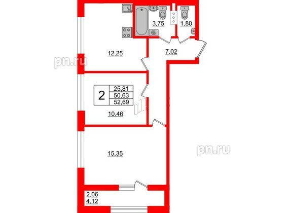 Квартира в ЖК Академик, 2 комнатная, 52.69 м², 5 этаж