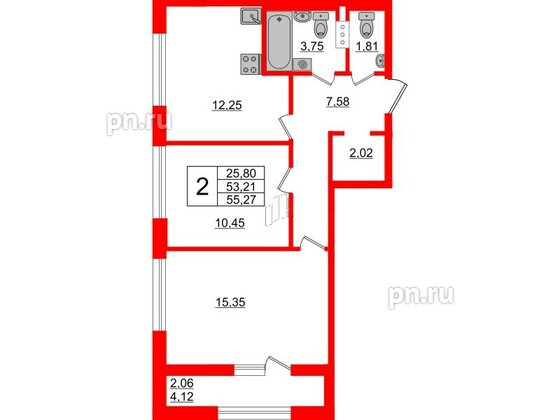 Квартира в ЖК Академик, 2 комнатная, 55.27 м², 10 этаж