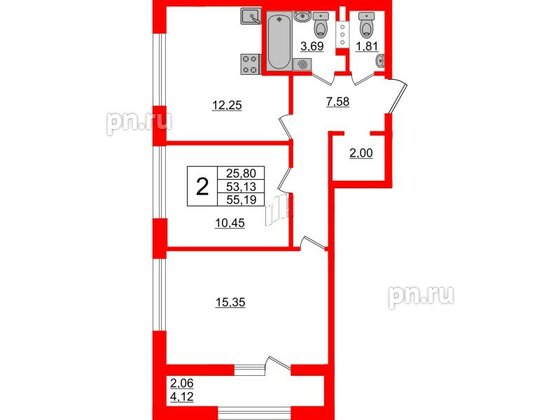 Квартира в ЖК Академик, 2 комнатная, 55.19 м², 11 этаж