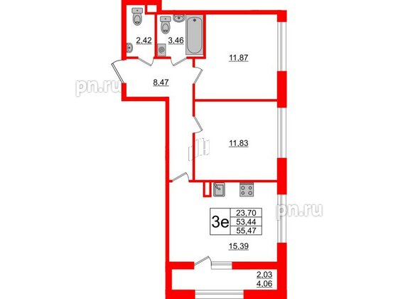 Квартира в ЖК Академик, 2 комнатная, 55.47 м², 2 этаж