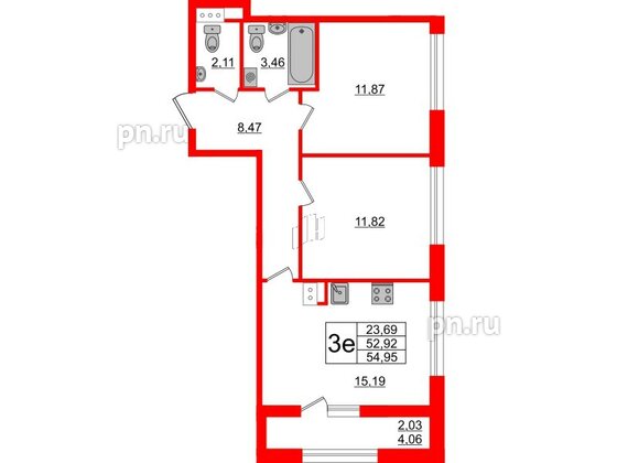 Квартира в ЖК Академик, 2 комнатная, 54.95 м², 4 этаж