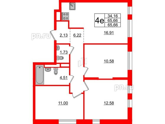 Квартира в ЖК Новые Лаврики, 3 комнатная, 65.66 м², 5 этаж