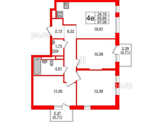 Квартира в ЖК Новые Лаврики, 3 комнатная, 67.08 м², 7 этаж