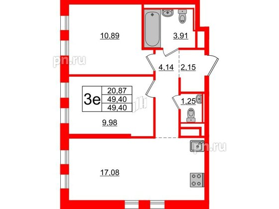 Квартира в ЖК Новые Лаврики, 2 комнатная, 49.4 м², 3 этаж