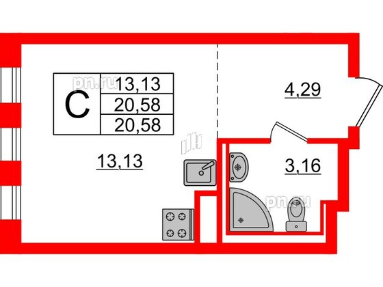 Квартира в ЖК Новые Лаврики, студия, 20.58 м², 3 этаж